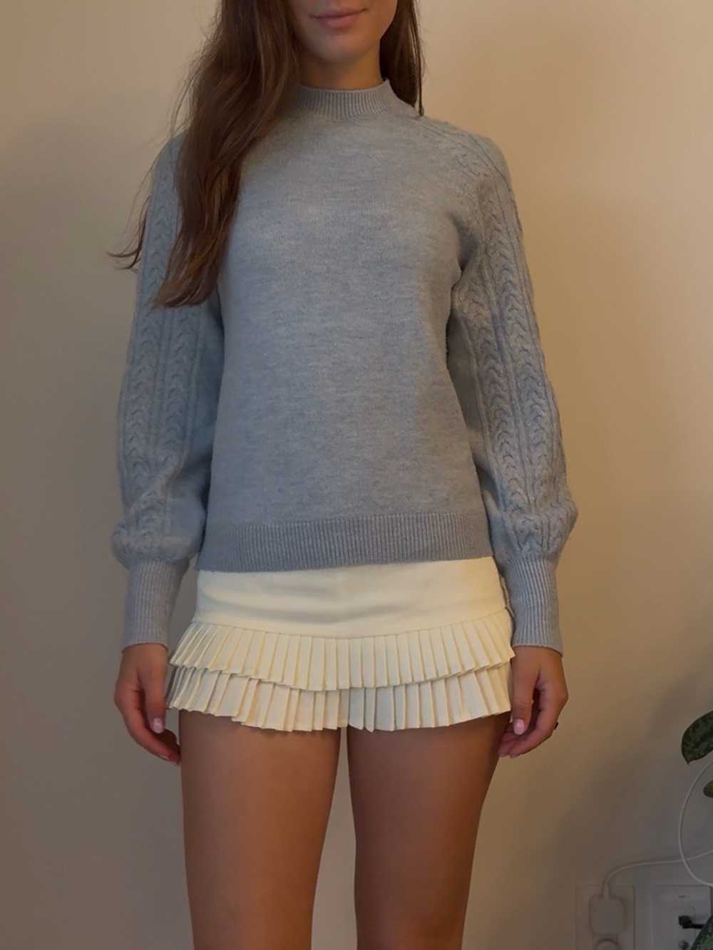 Light Blue Cable Sleeve Mock-Neck Sweater